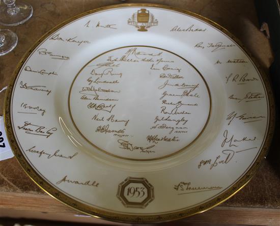 Royal Worcester cabinet plate, The Ashes 1953, with gilt facsimile signatures